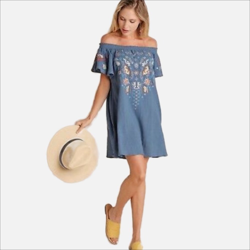 UMGEE On Off Shoulder Embroidered Indigo Ruffled Sleeve Boho Chic Hippie Dress S